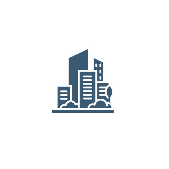 Simplified skyline illustration with buildings and trees.