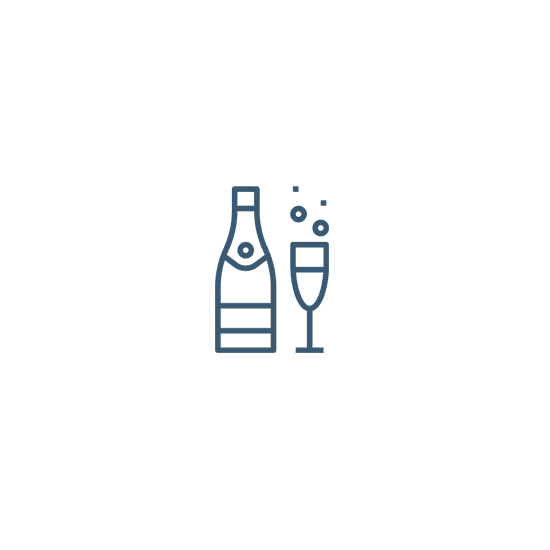 Icon of a champagne bottle next to a filled flute glass.