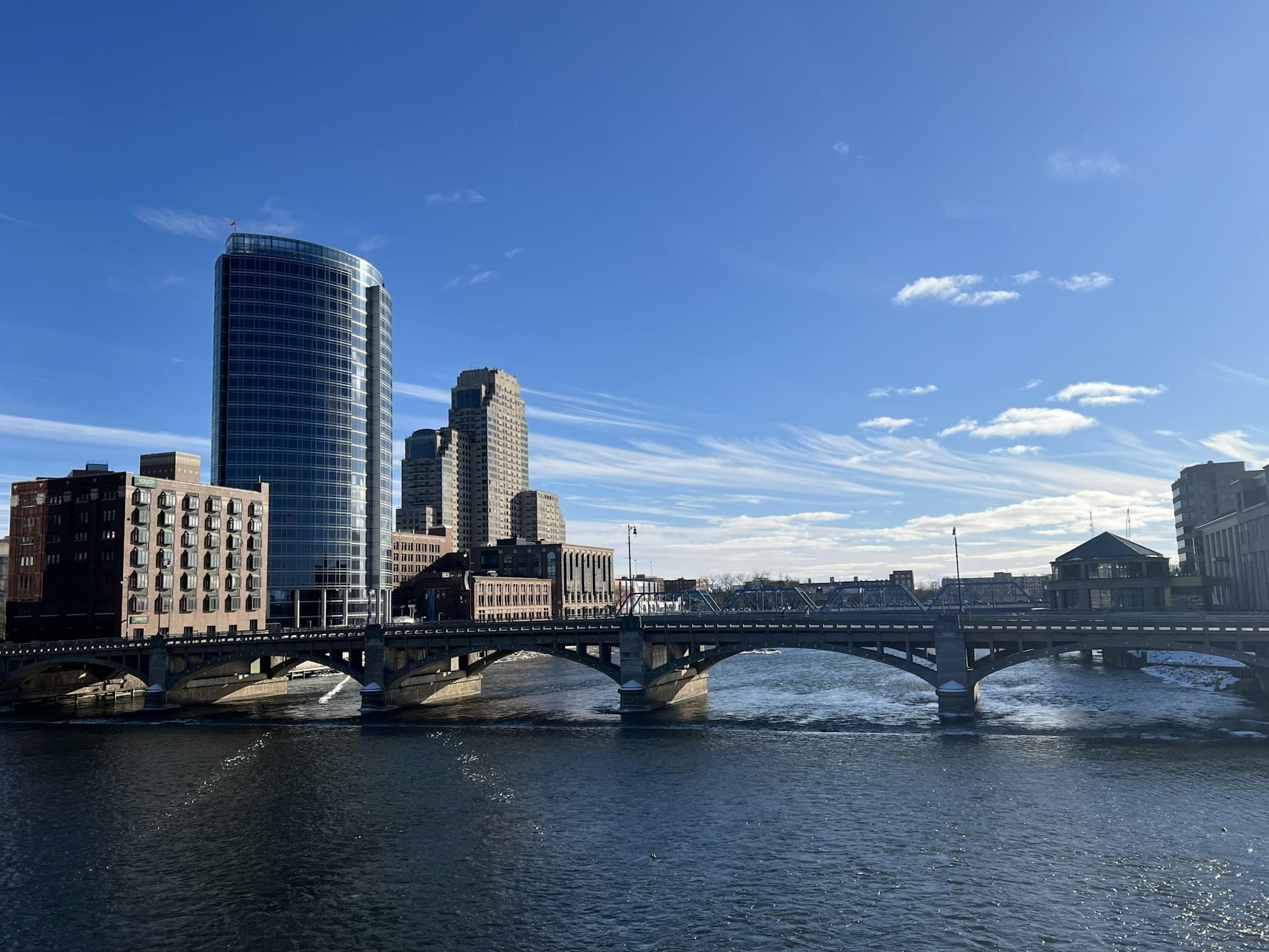 View of downtown Grand Rapids from looking south along the Grand River. View of downtown Grand Rapids from looking south along the Grand River.