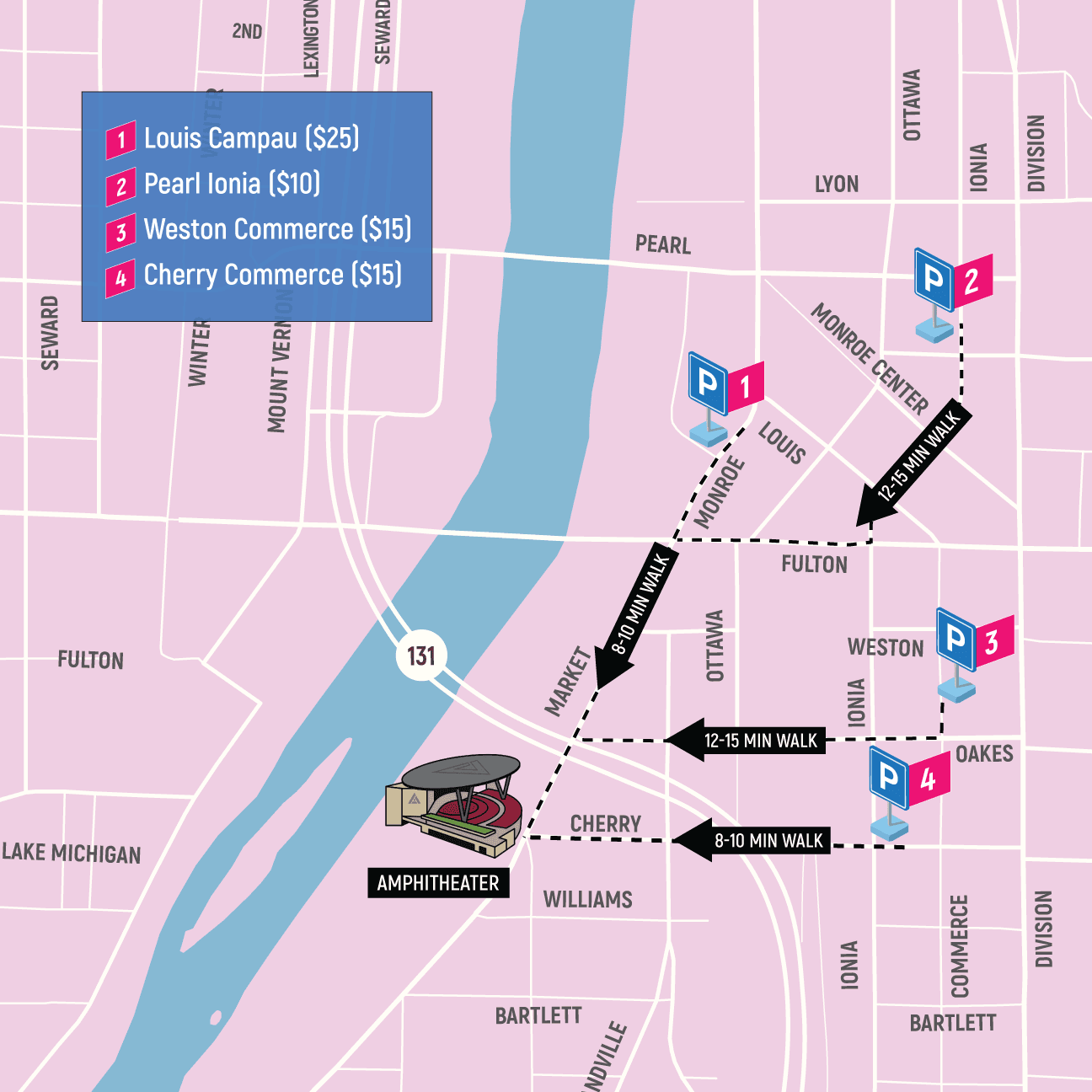Map showing walkable parking ramps to the new Acrisure Amphitheater Map showing walkable parking ramps to the new Acrisure Amphitheater